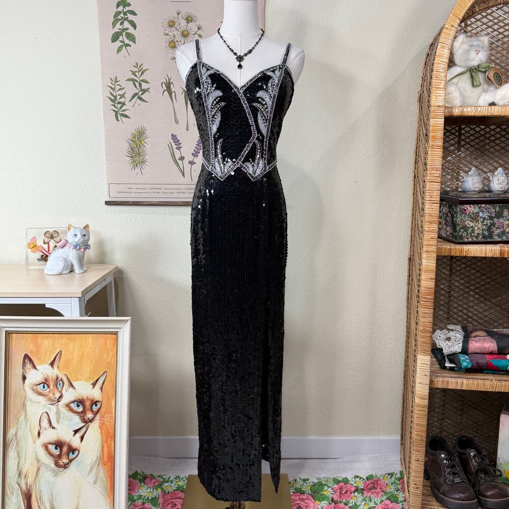 Vintage Sequin Beaded Formal Dress Glam Black Tie Celestial Sexy Old Hollywood 4